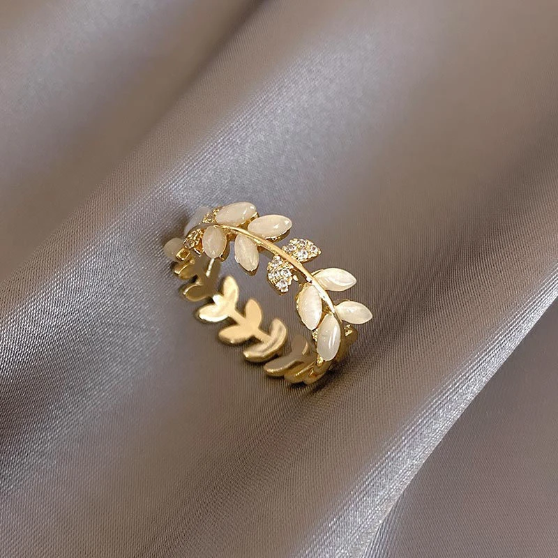 铜合金戒指 J460 猫猫石树叶开口戒指女时尚个性指环可调节食指戒