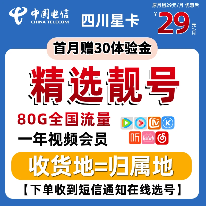 四川电信流量卡 29元80G全国高速流量+1年视频会员+自主选号CS