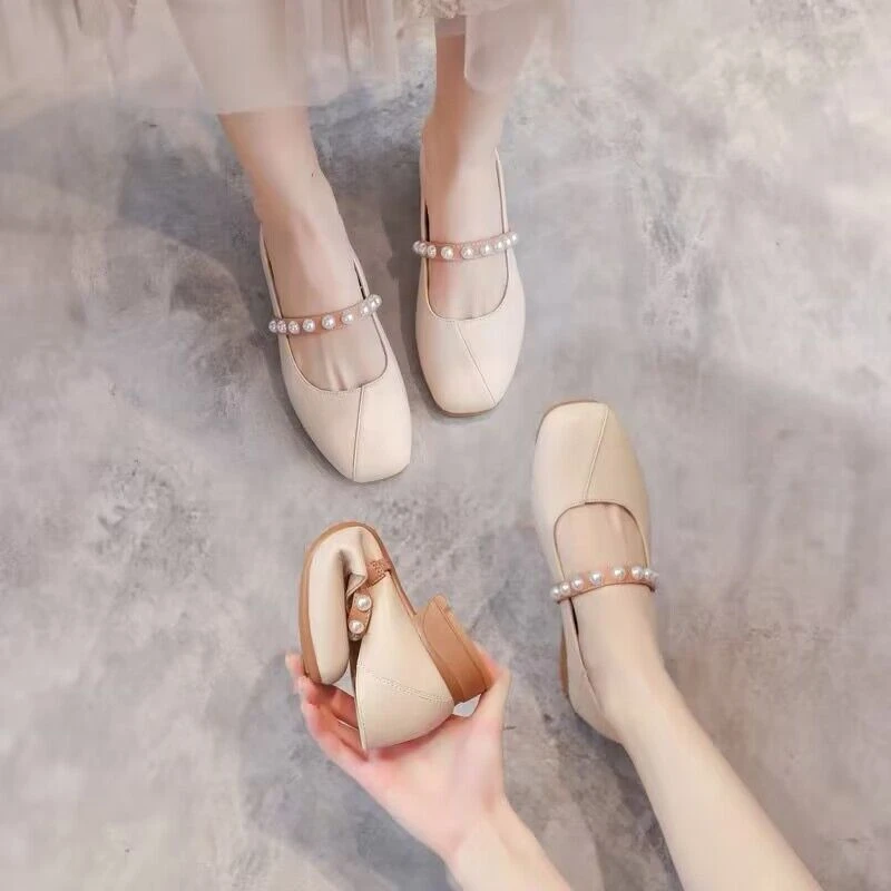 珍珠方头单鞋24法式新款浅口粗跟低跟奶奶鞋一字带玛丽珍平底单鞋
