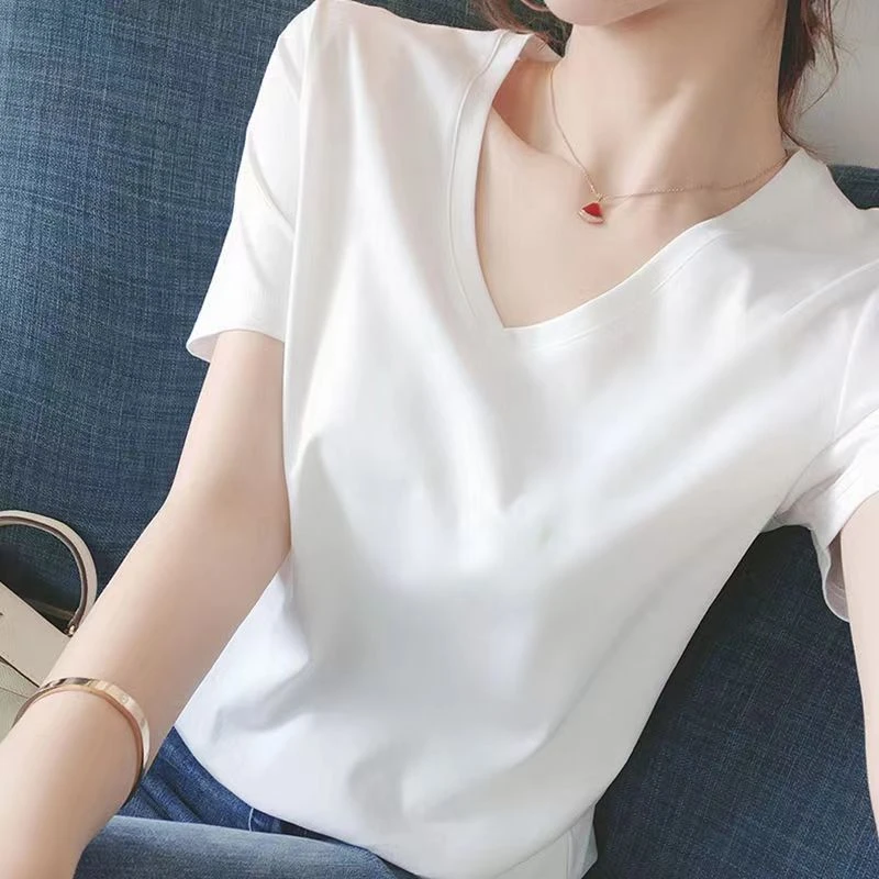 冰瓷棉短袖V领t恤女上衣鸡心领正肩女装纯色夏季休闲百搭打底衫女