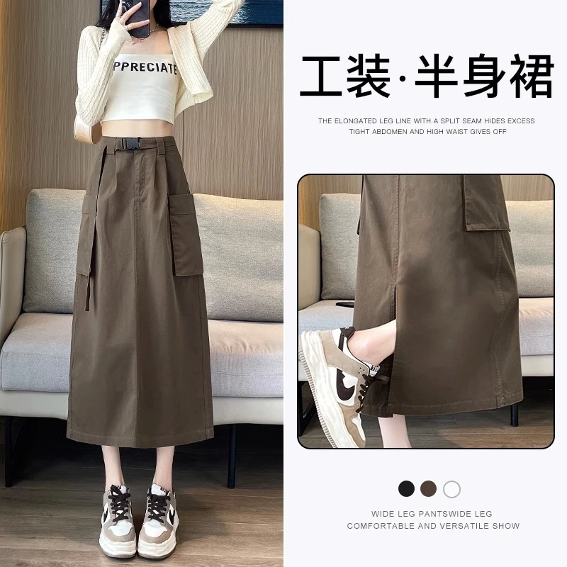 美式纯棉工装裙女春秋新款大口袋开叉高腰a字中长款显瘦半身裙子