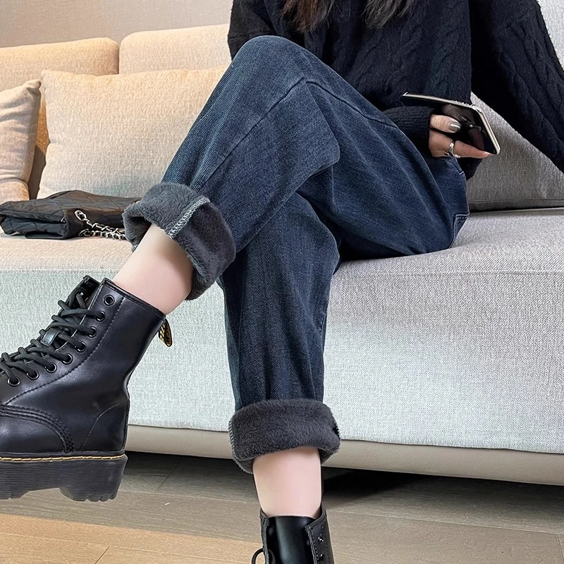 加绒牛仔裤女春冬季新款宽松高腰显瘦哈伦裤百搭加厚萝卜老爹裤潮