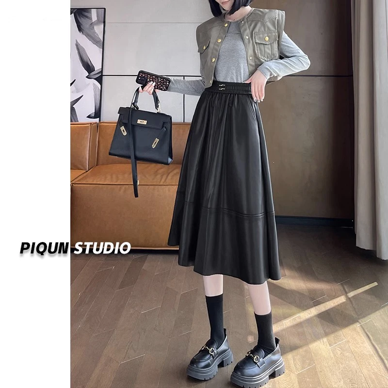 防走光半身皮裙女春秋2023新款a字高腰遮胯显瘦伞裙中长款pu皮裙