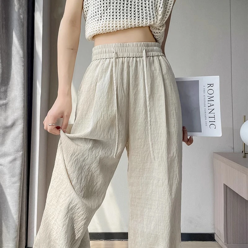 棉麻冰丝阔腿裤女夏季薄款高腰垂感防晒九分小个子显瘦窄版直筒裤