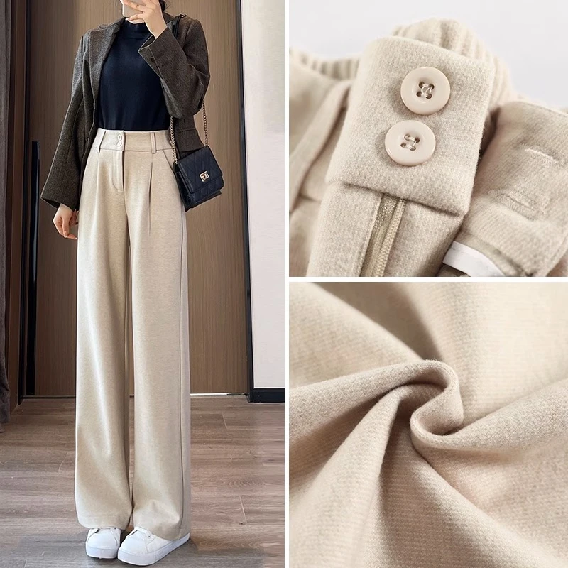 毛呢阔腿裤女秋冬新款加绒直筒宽松高腰垂感加厚休闲小个子拖地裤