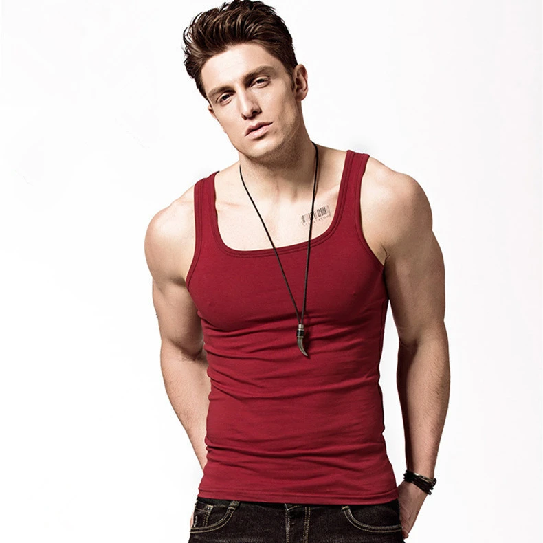 男士方领纯色棉健身紧身运动修身无袖上衣薄款透气粗螺纹打底内衣