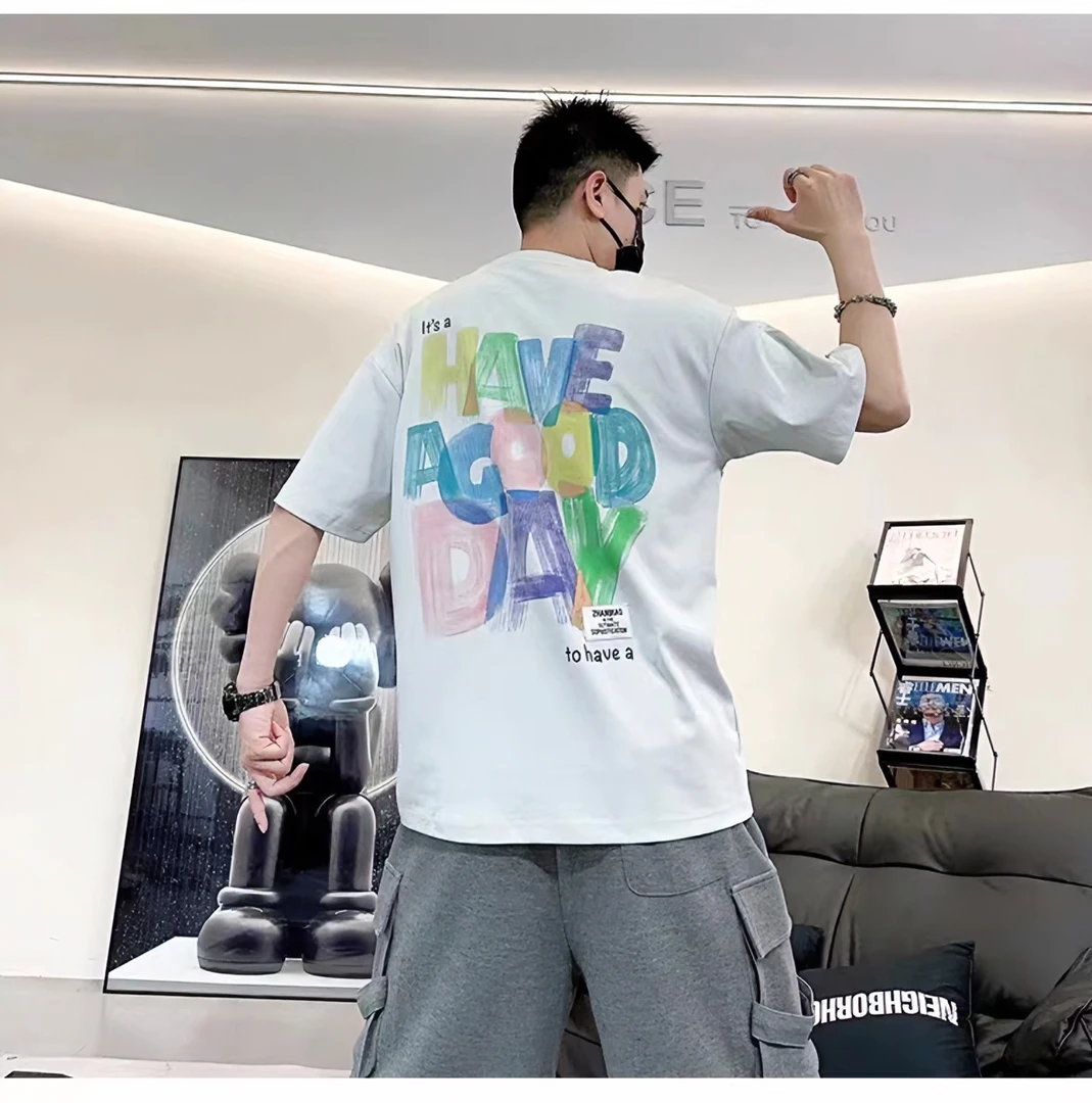 港风轻奢潮牌百搭半袖男宽松男士情侣夏季ins设计师圆领韩版个性