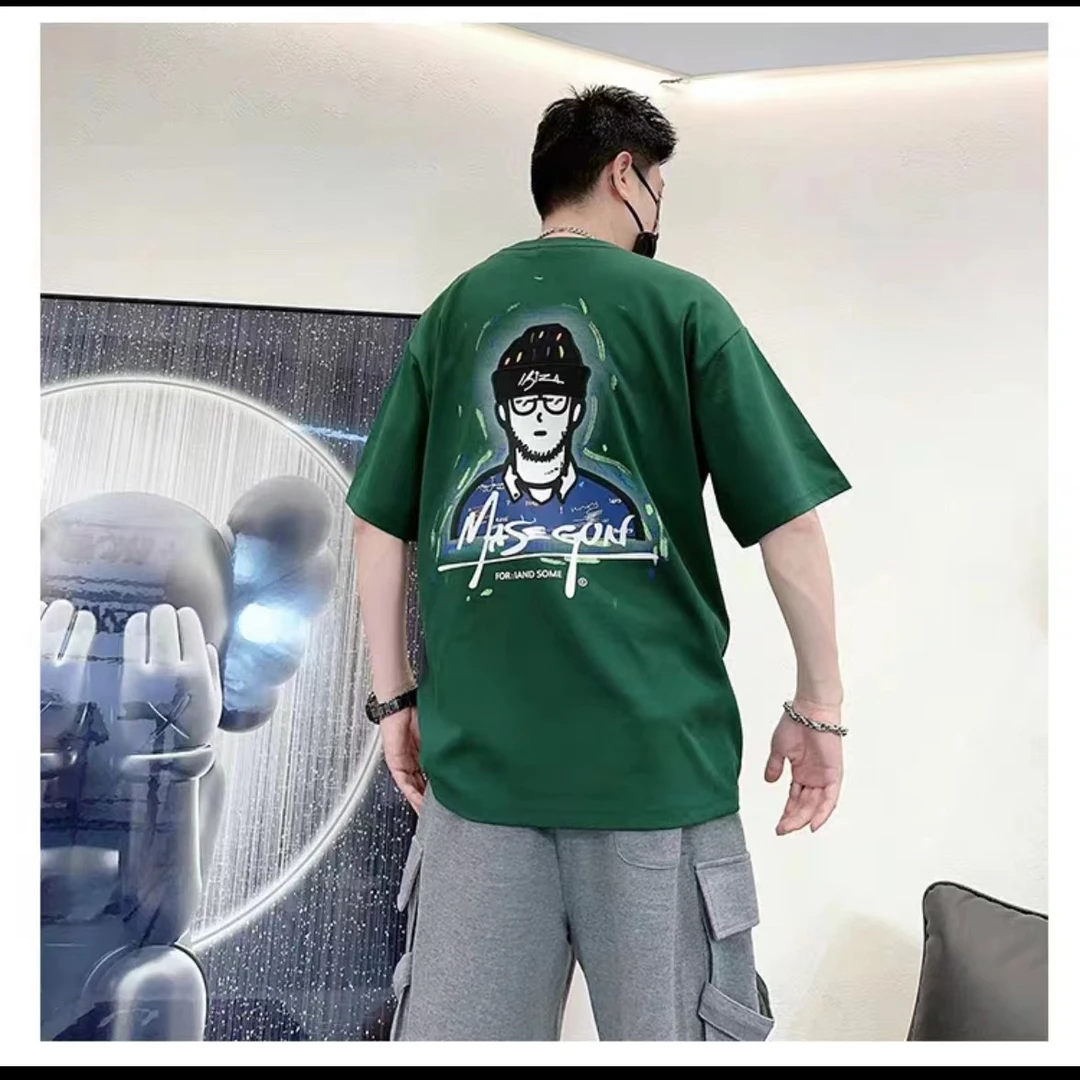 新款夏季重磅绿色百搭半袖潮T圆领个性男士设计师卡通宽松韩版ins