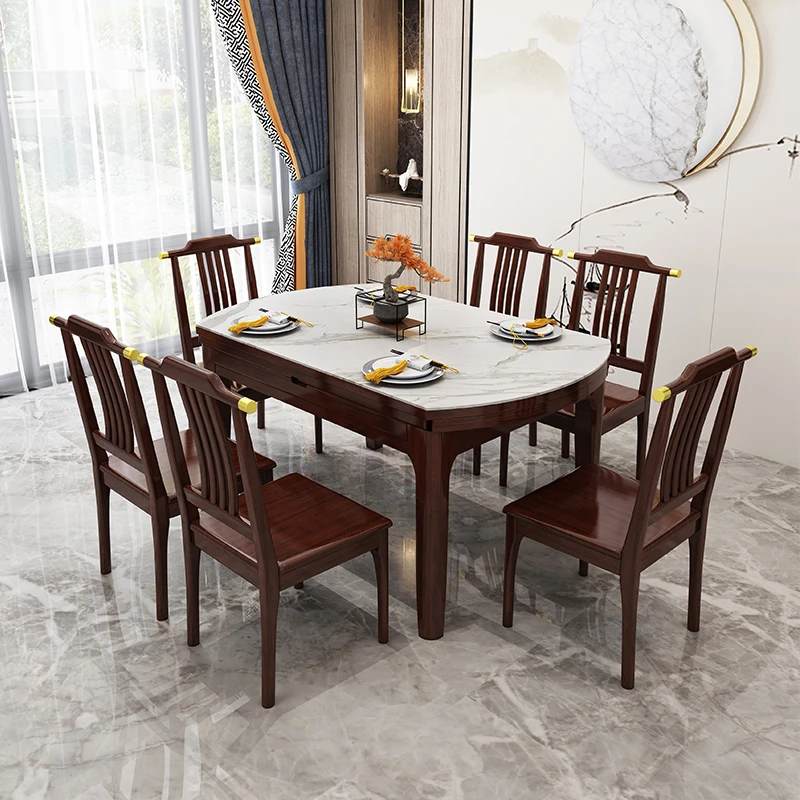 实木餐桌大理石岩板新中式餐桌椅组合伸缩折叠方圆两用吃饭桌子