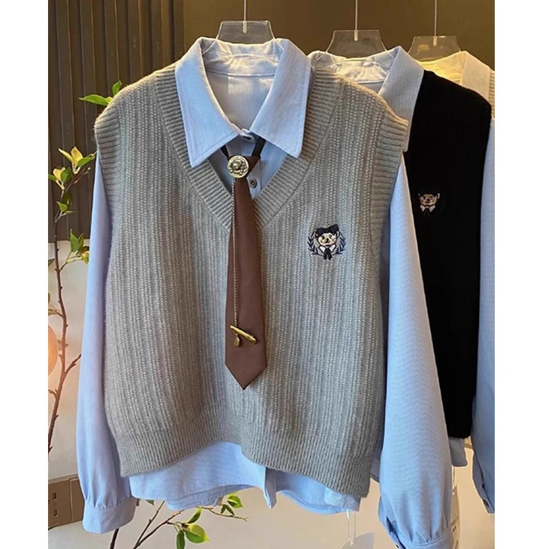 学院风针织马甲女套装秋季2025新款外搭衬衫洋气叠穿无袖毛衣背心