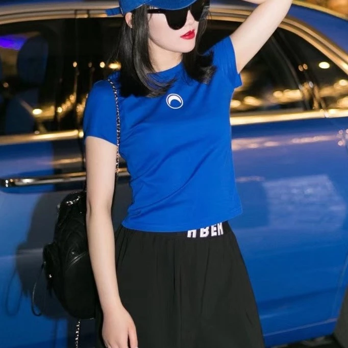 夏季T恤女短袖短款小个子棉上衣蓝色高腰显瘦小众体恤潮