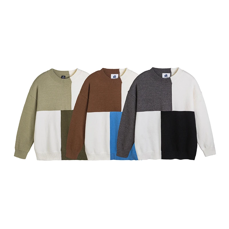 23美式复古拼色提花圆领毛衣男女潮牌针织衫情侣ins上衣宽松mm220
