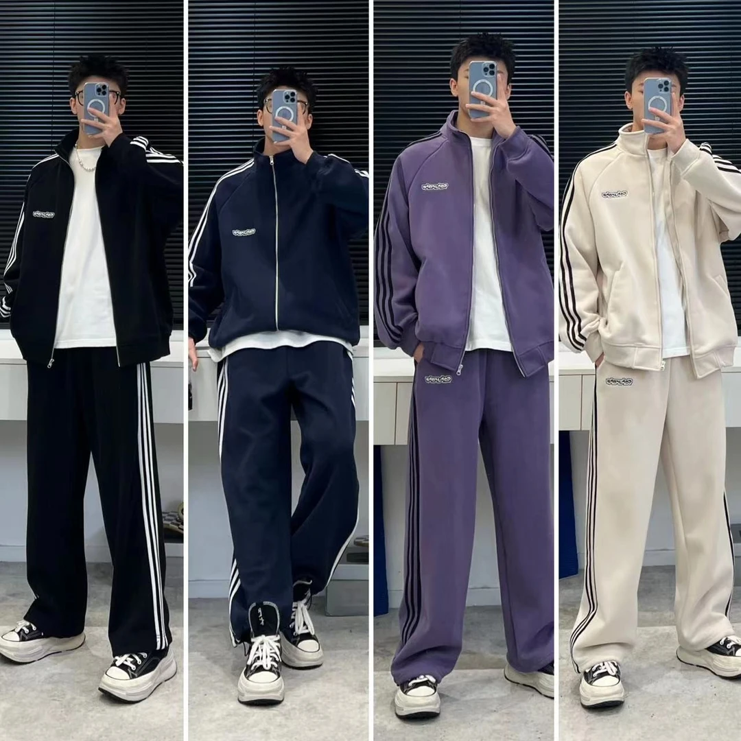 亏米清新款480g重磅加绒卫衣套装男条纹夹克潮女ins宽松百搭tz27