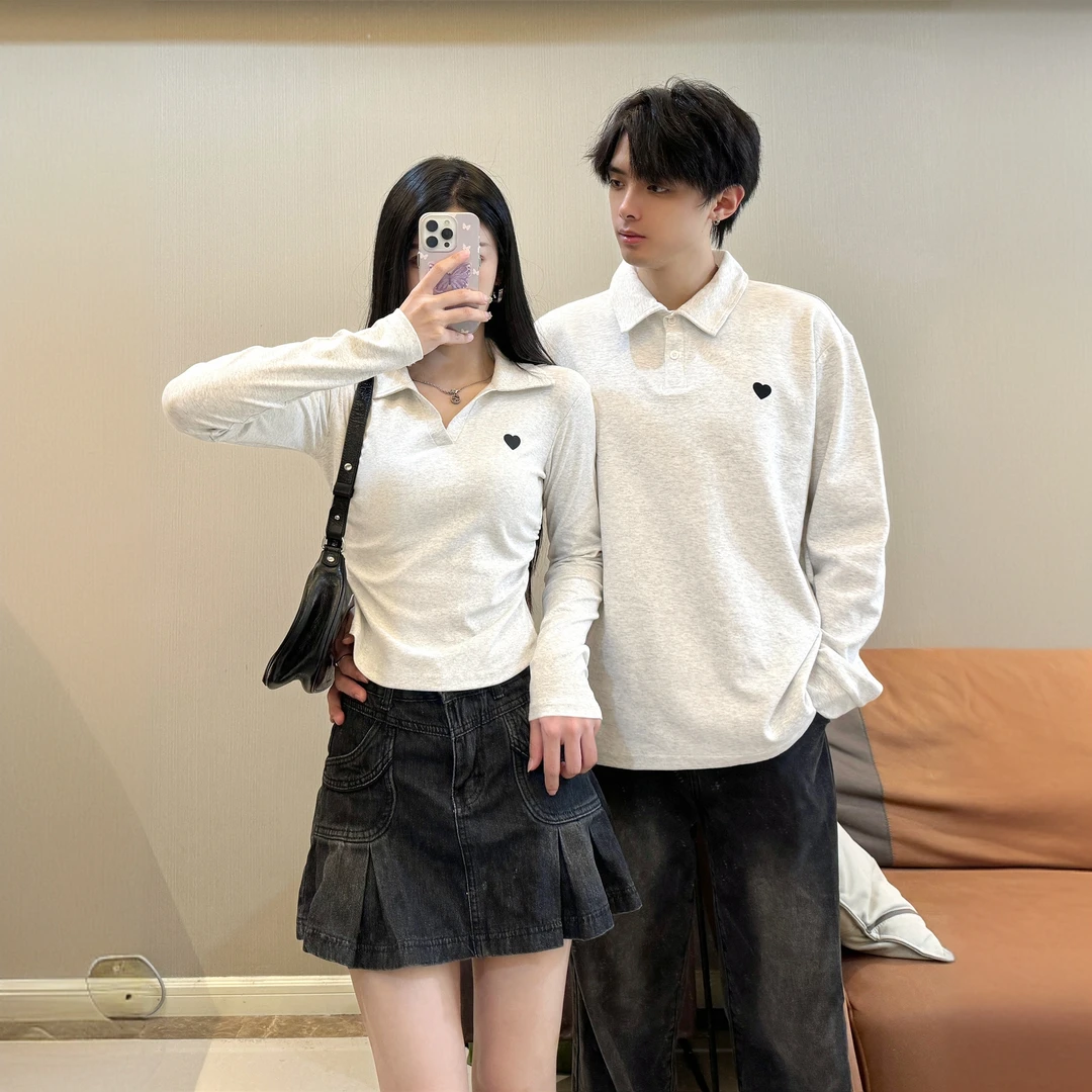 2025新款情侣装秋装长袖POLO翻领辣妹T恤衫藏肉小众设计一长一短