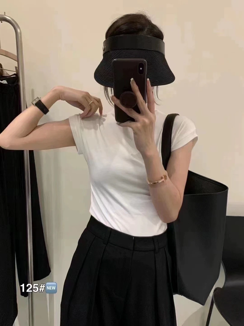 百搭设计感简约夏季修身纯色百搭高领短袖T恤女显瘦上