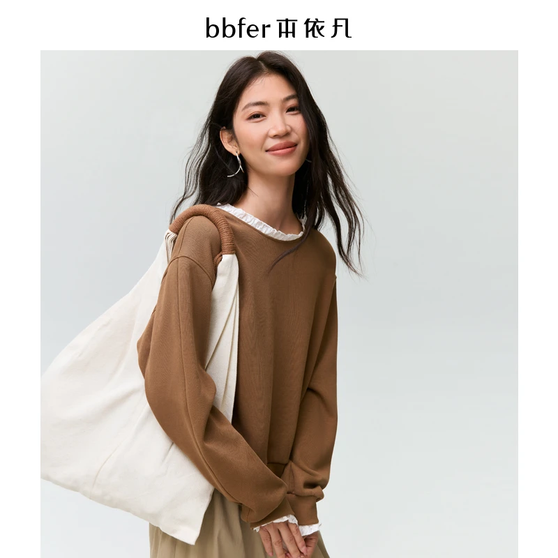 本依凡秋季女花边领卫衣STSWY0197长袖简约上衣圆领套头法式浪漫