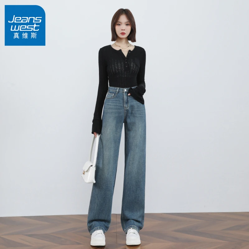 真维斯经典直筒牛仔裤女款夏季薄款网红爆款高腰复古显瘦通勤裤子