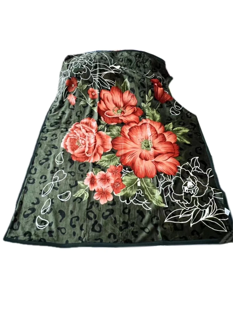 150*200CM 绿色 白描橙花 单层卧室云毯毛毯 四季通用加厚 奶绒