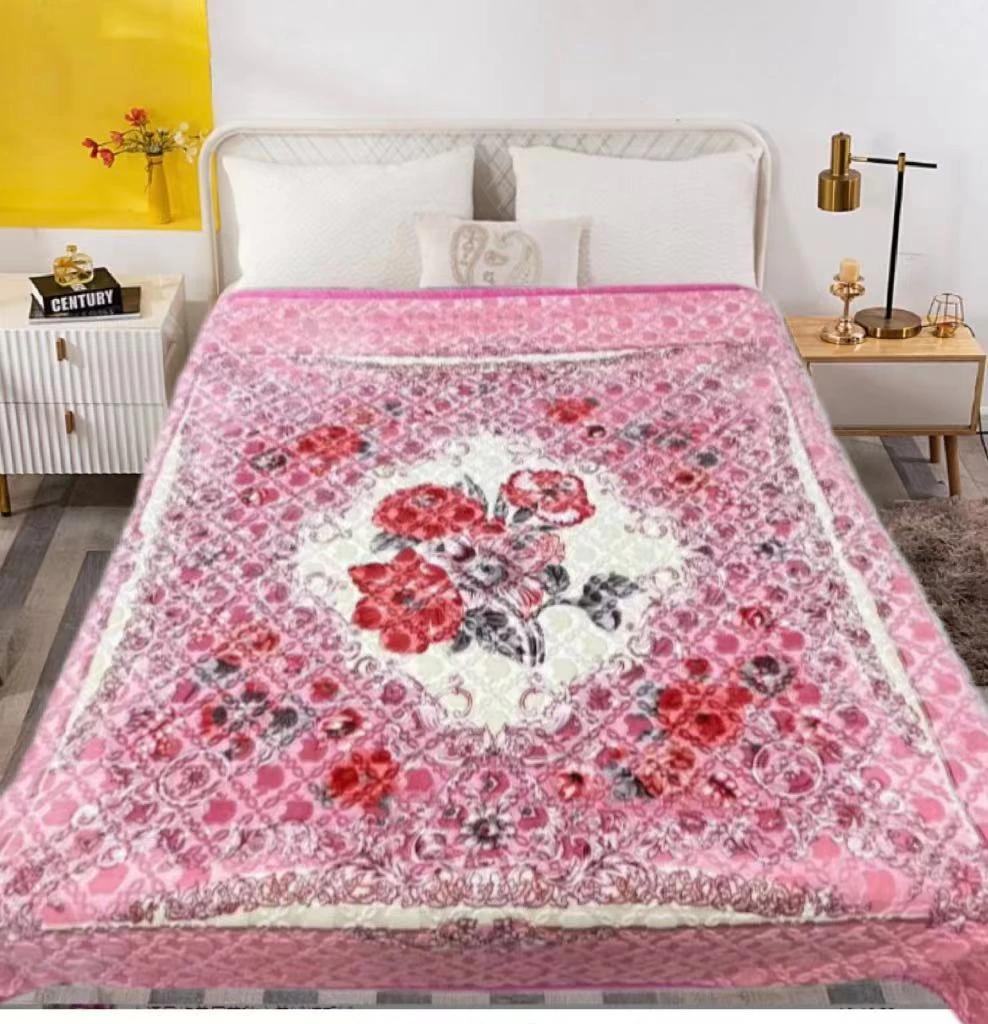 215*235CM  粉色花开满堂  欧式风格双层云毯毛毯 四季通用加厚 B