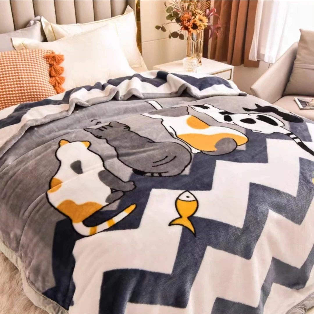 150*160 灰色波浪猫咪 双层云毯卧室双层盖毯休闲毯加绒睡毯学生