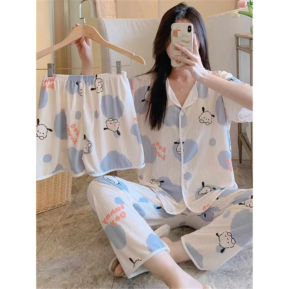 2024年新款甜美日系开衫家居夏季短袖网红风花朵睡衣女棉服套装