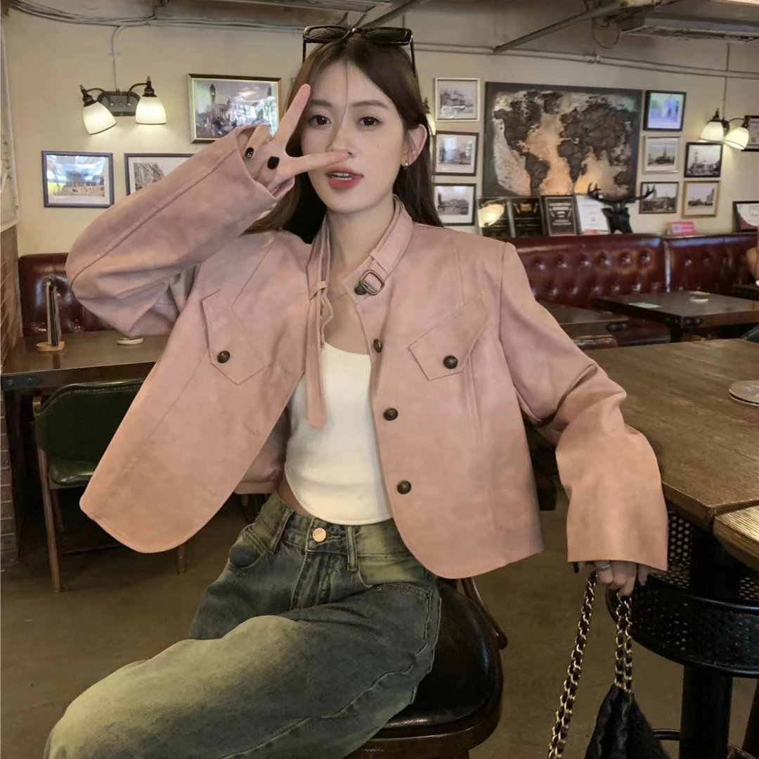 SY设计感美拉德皮衣外套女2023春季小个子港风短款气质pu皮夹克