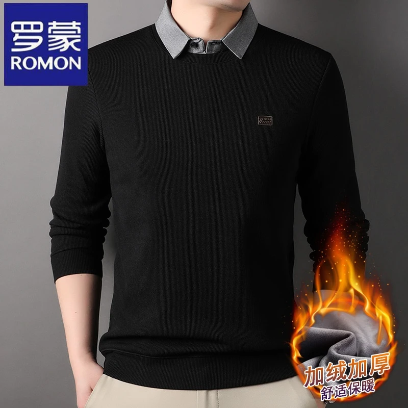 【加绒加厚】罗蒙秋冬季新款男士中青年假两件针织衫保暖高档毛衣潮