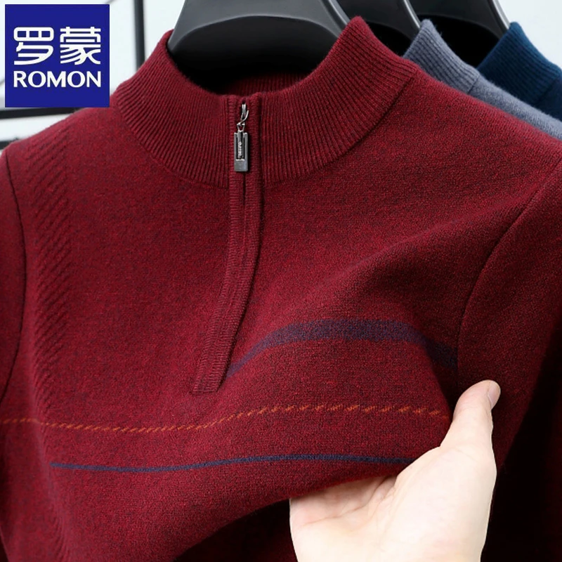 罗蒙半高拉链领酒红色爸爸装针织衫秋冬季男士百搭宽松打底衫毛衣