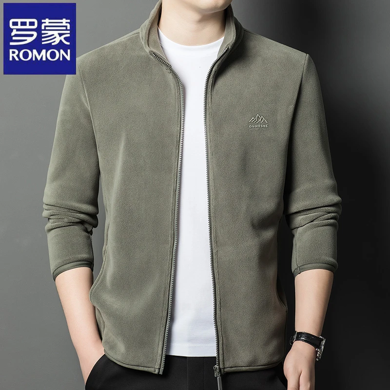 罗蒙纯色立领开衫卫衣秋冬季时尚抓绒男士外套潮流中青年宽松上衣