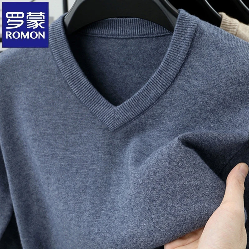 罗蒙V领长袖商务毛衣春秋季纯色中年男士时尚休闲宽松打底针织衫