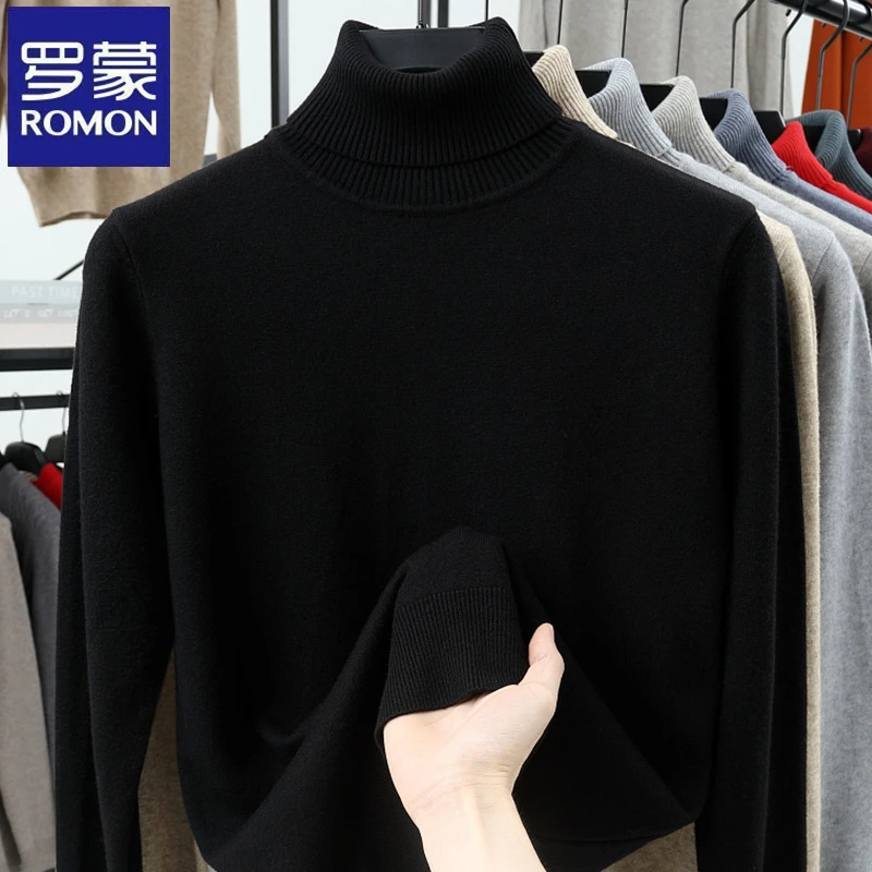 罗蒙秋冬季加厚毛衣双翻高领简约纯色男士保暖针织衫毛线打底上衣