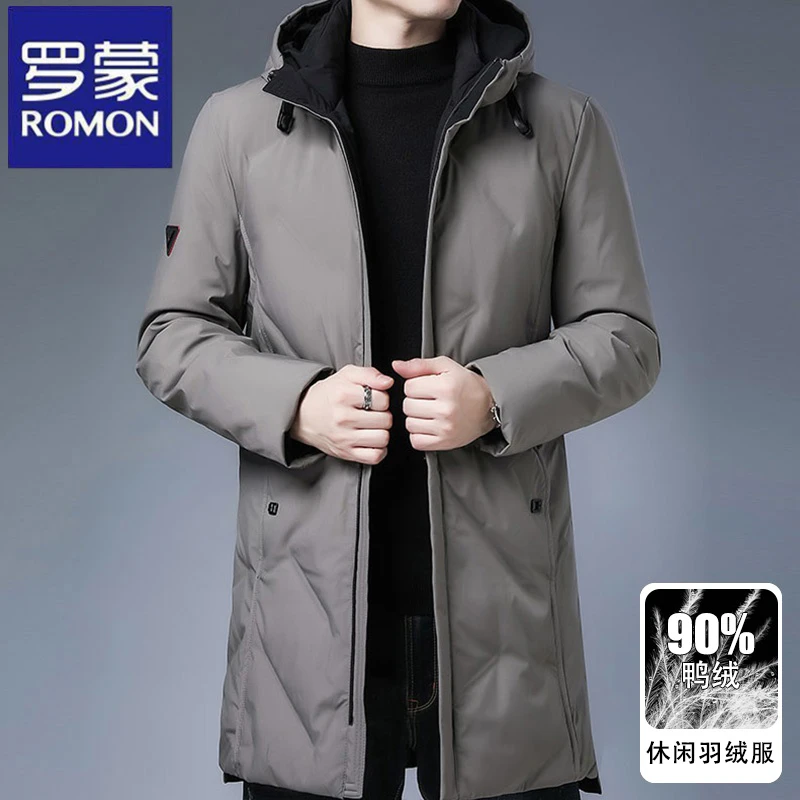 罗蒙冬季新款商务男士休闲羽绒服时尚百搭中长款连帽外套保暖上衣