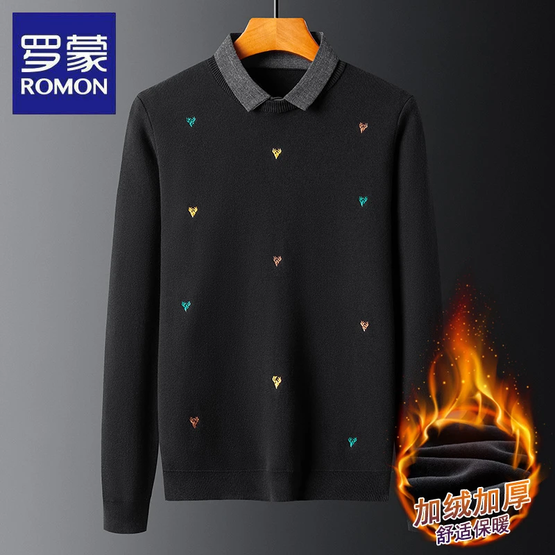 【加绒加厚】罗蒙秋冬季保暖新款男士针织衫休闲时尚中青年假两件
