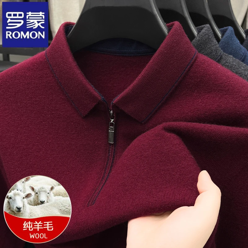 【100%纯羊毛】罗蒙商务爸爸装拉链翻领羊毛衫秋冬季休闲加厚毛衣男