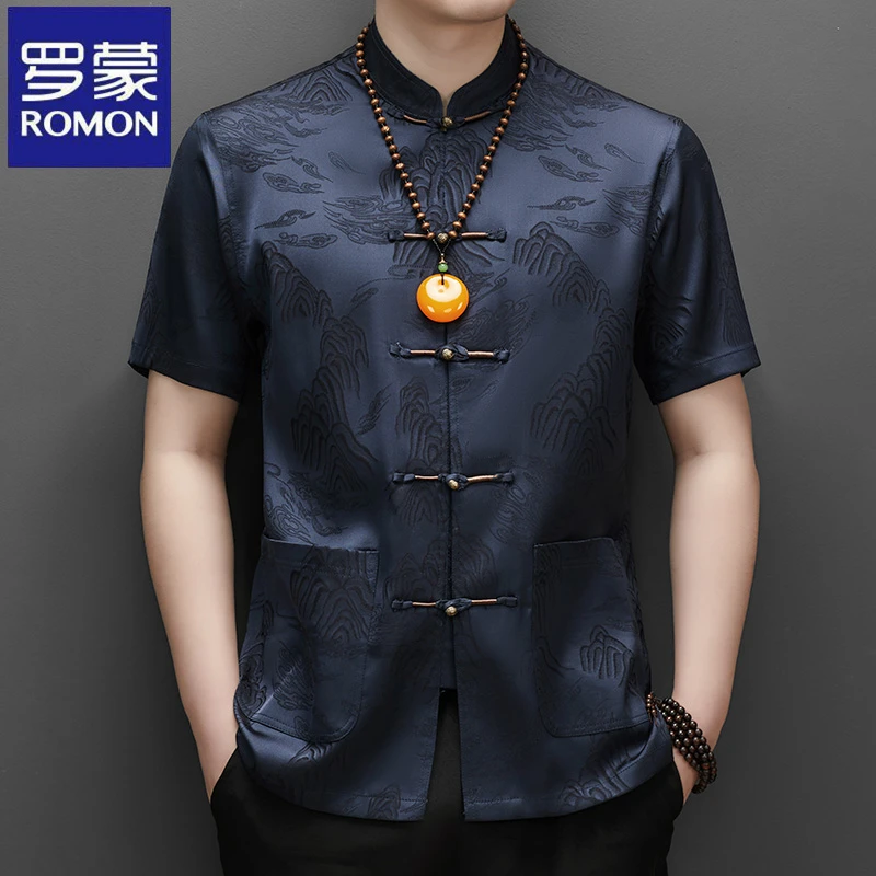 【含桑蚕丝】罗蒙夏季短袖刺绣唐装上衣男士高档休闲薄款中青年寸衫