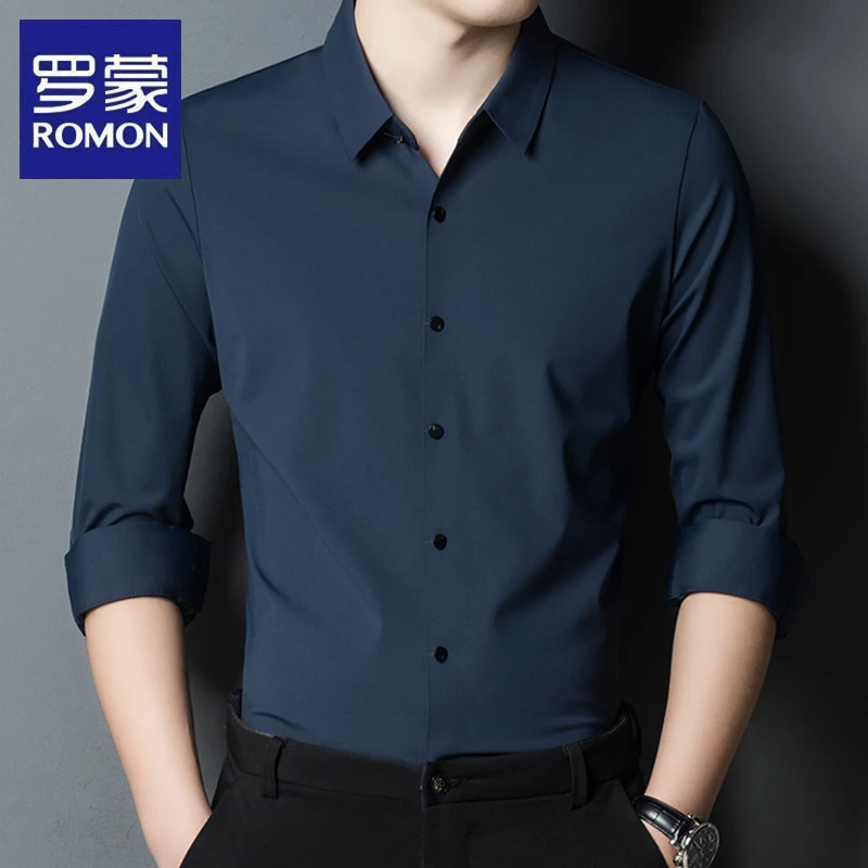 罗蒙无痕高档男士衬衫长袖春秋季冰丝休闲商务衬衣中青年正装寸衫