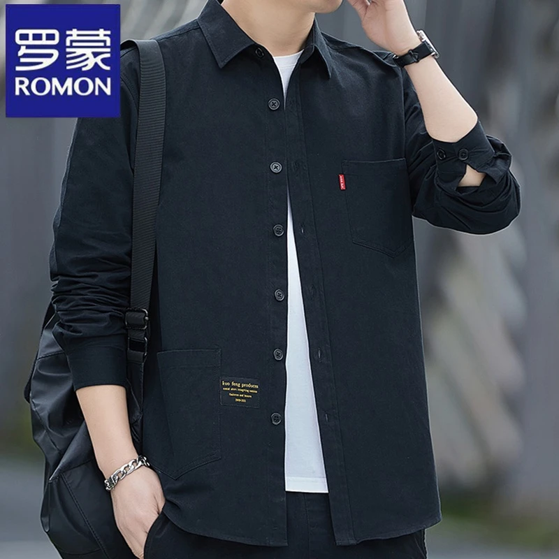 罗蒙春秋季薄款商务翻领长袖衬衫工装男士纯棉衬衣休闲外套潮上衣