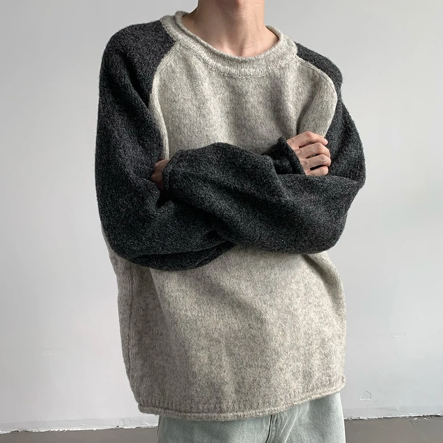 秋冬港风韩版潮流保暖毛衣男女生日系复古拼接宽松撞色针织上衣