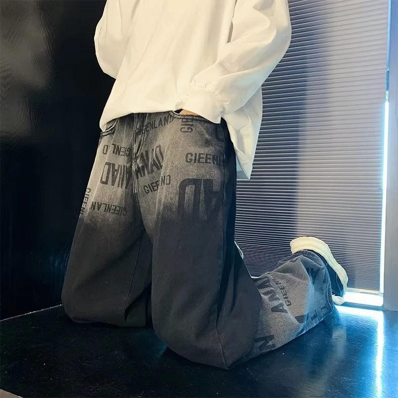 高街潮牌ins痞帅渐变色牛仔裤男直筒宽松设计感小众阔腿休闲裤