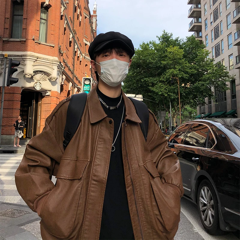 美式做旧机车皮衣男生秋季潮牌复古翻领夹克宽松痞帅休闲外套潮