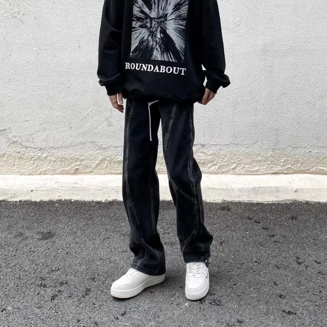 欧美高街潮牌排扣长裤男vibe风黑色修身ins垂感嘻哈牛仔裤休闲