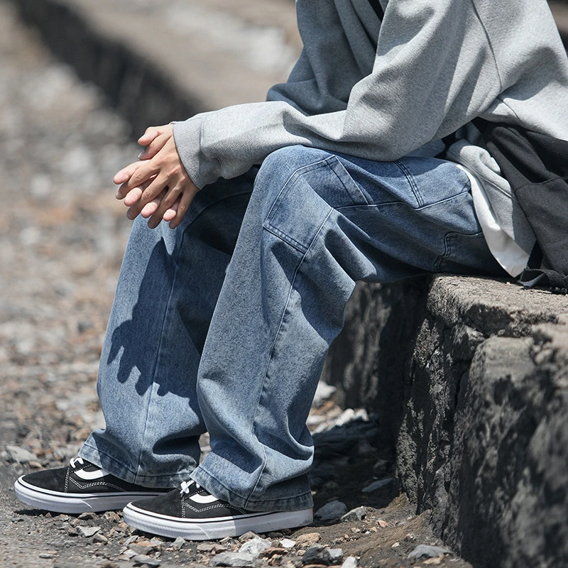 美式复古牛仔裤男秋冬季高街抽绳松紧腰宽松直筒裤工装裤子2023