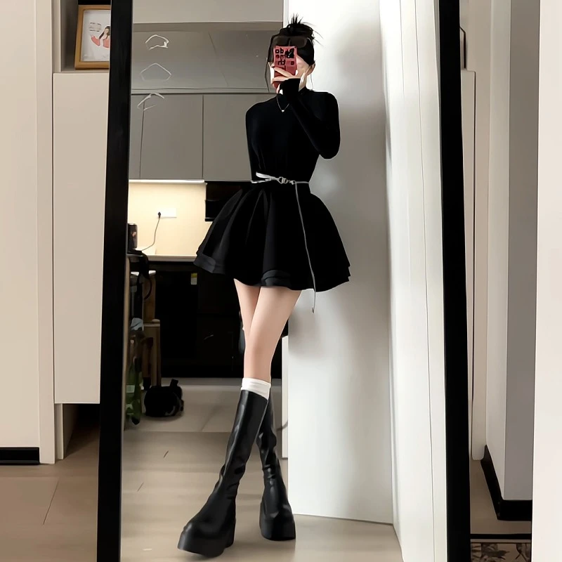 黑色显瘦半高领长袖连衣裙收腰蓬蓬裙A字短裙生日裙子生日裙子