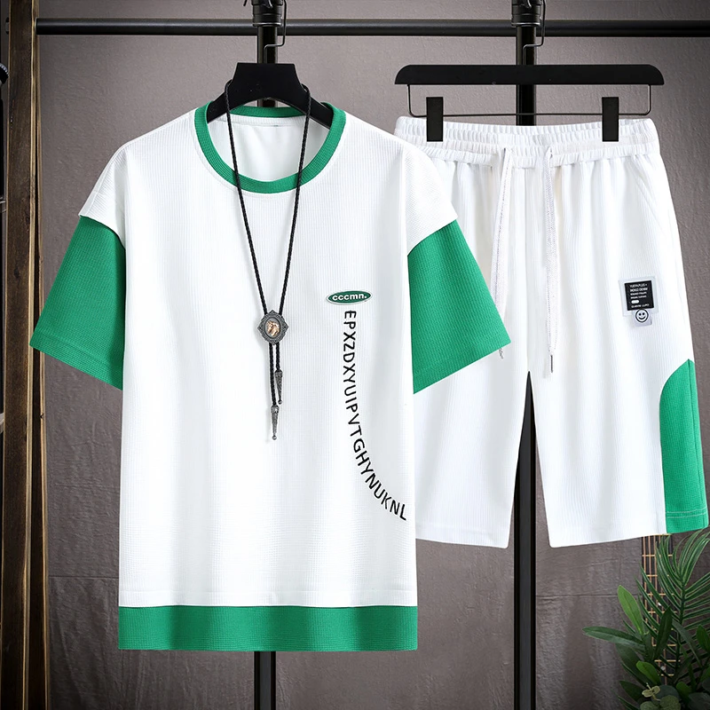 男士刺绣假两件冰爽透气短袖T恤薄款套装夏季新款学生帅气两件套