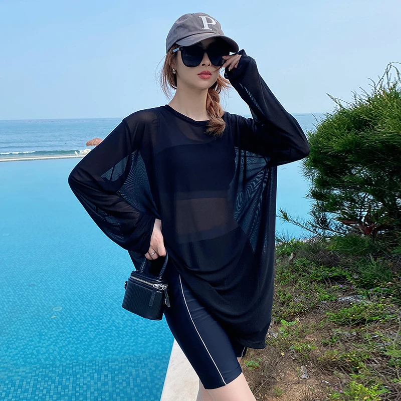 大码显瘦长袖健身透气宽松温泉速干时尚镂空薄款长款游泳沙滩圆领