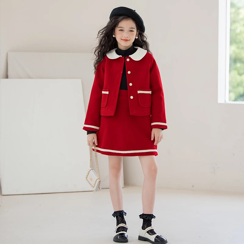 女童小香风毛呢夹棉外套两件套韩版童装2024秋冬中大童女孩衣服