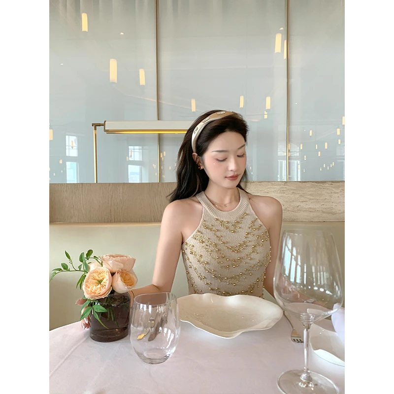 运补夏款小香风高级感内搭防走光吊带钉珠甜辣挂脖针织背心女外穿