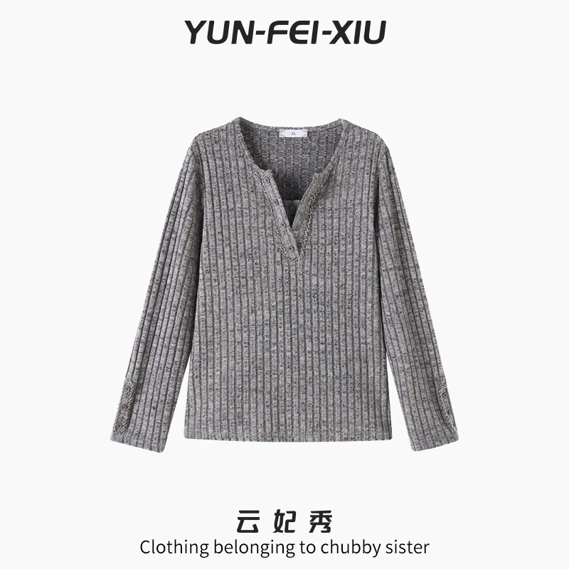 云妃秀大码女装针织衫时尚休闲微胖宽松显瘦v领纯色百搭春季9701