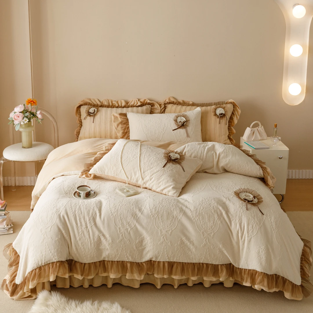 【真珍】千玺 法式复古牛奶立体花冬季毛绒被套公主风床盖四件套