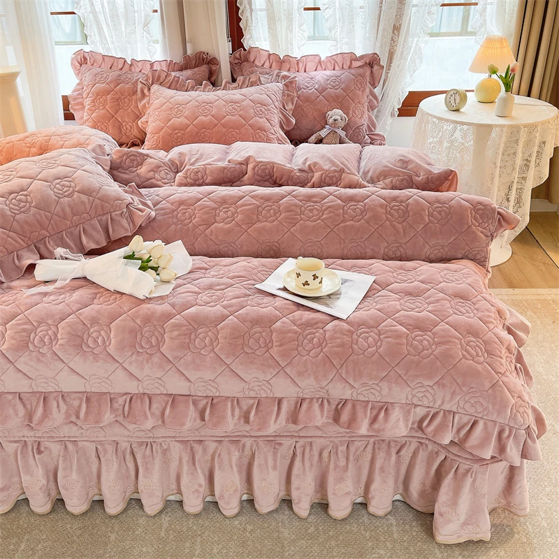 【真珍】冬季婴儿绒加绒韩版公主风毛绒加厚绒被保暖夹棉床盖四件套